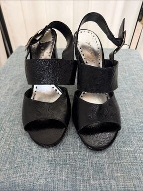 BCBGirls Black Open-Toe Wide-Strap Heels with Ankle Buckle